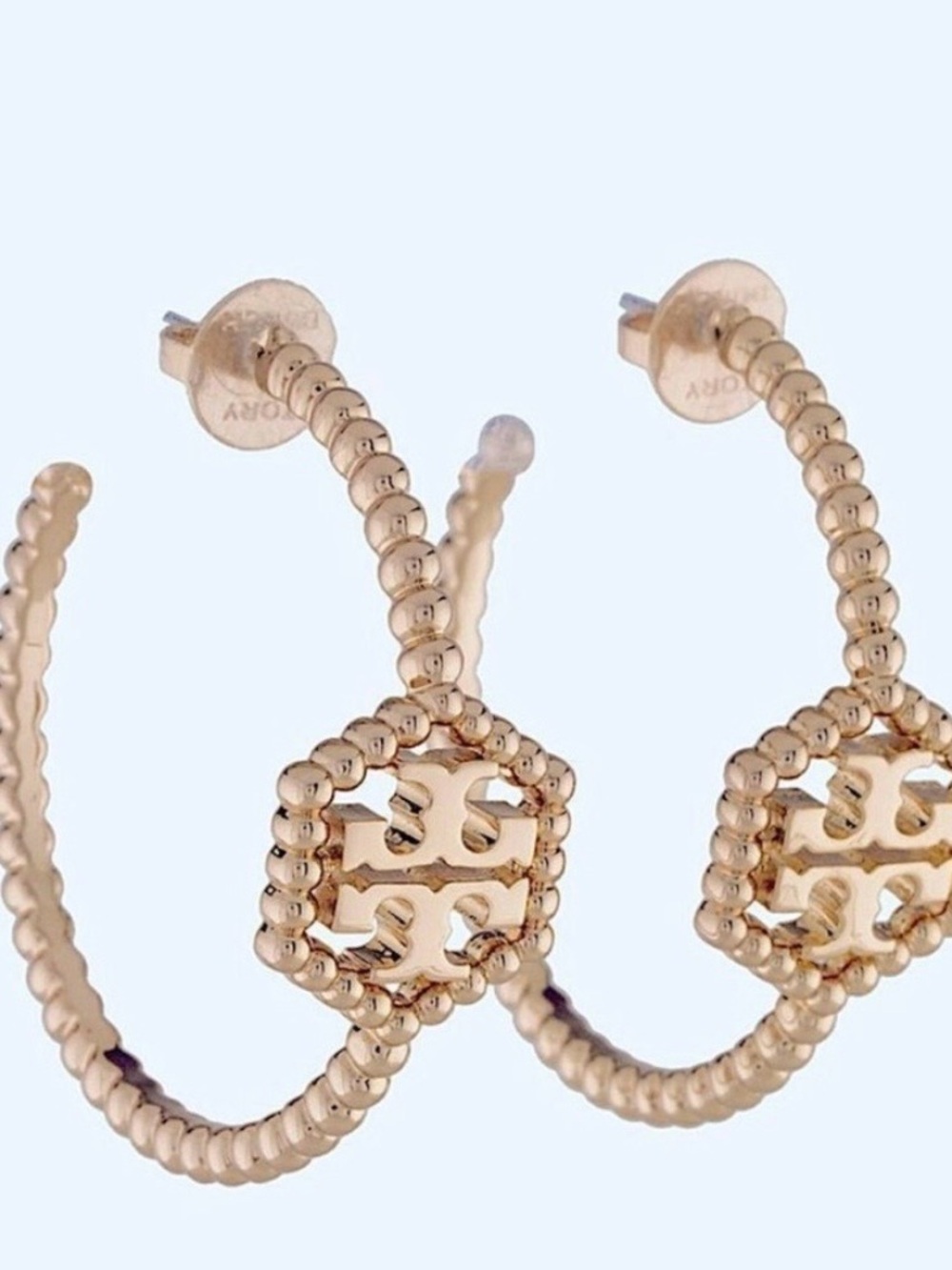 Tory Burch Rose Gold Beaded Logo Hoop Earrings